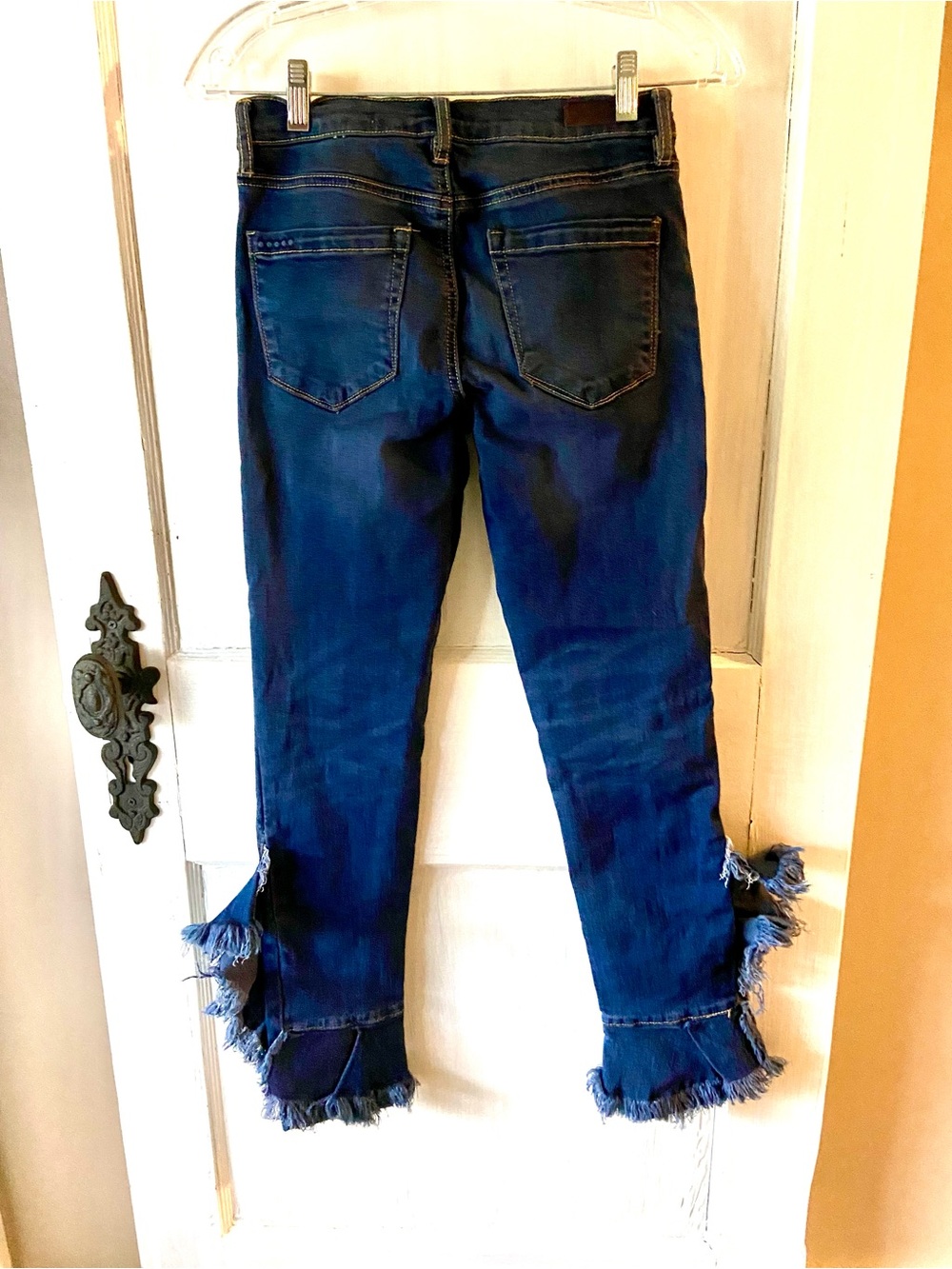 Blank NYC Distressed Ruffle-Hem Flare Jeans in Medium Blue - Picture 3 of 6